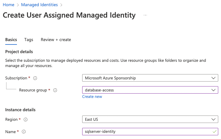 Azure Create user managed identity page