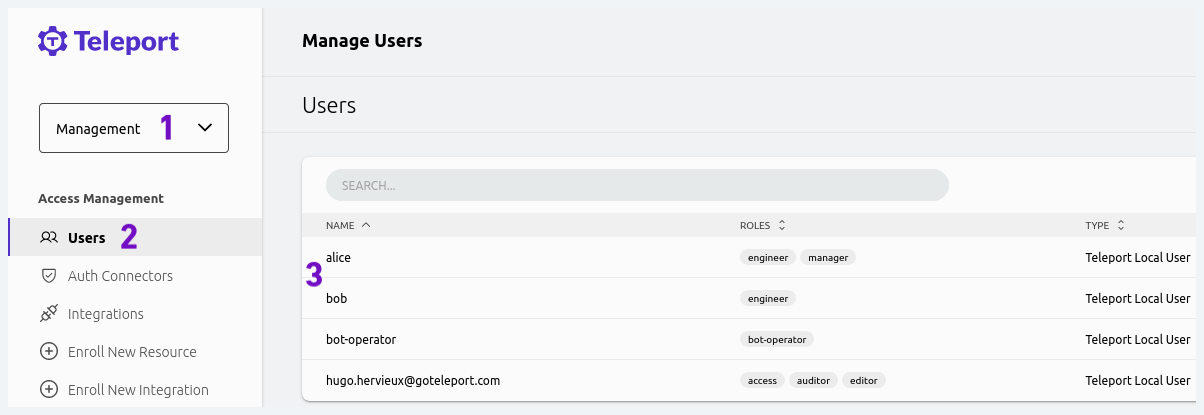 Screenshot of the web UI listing alice and bob users