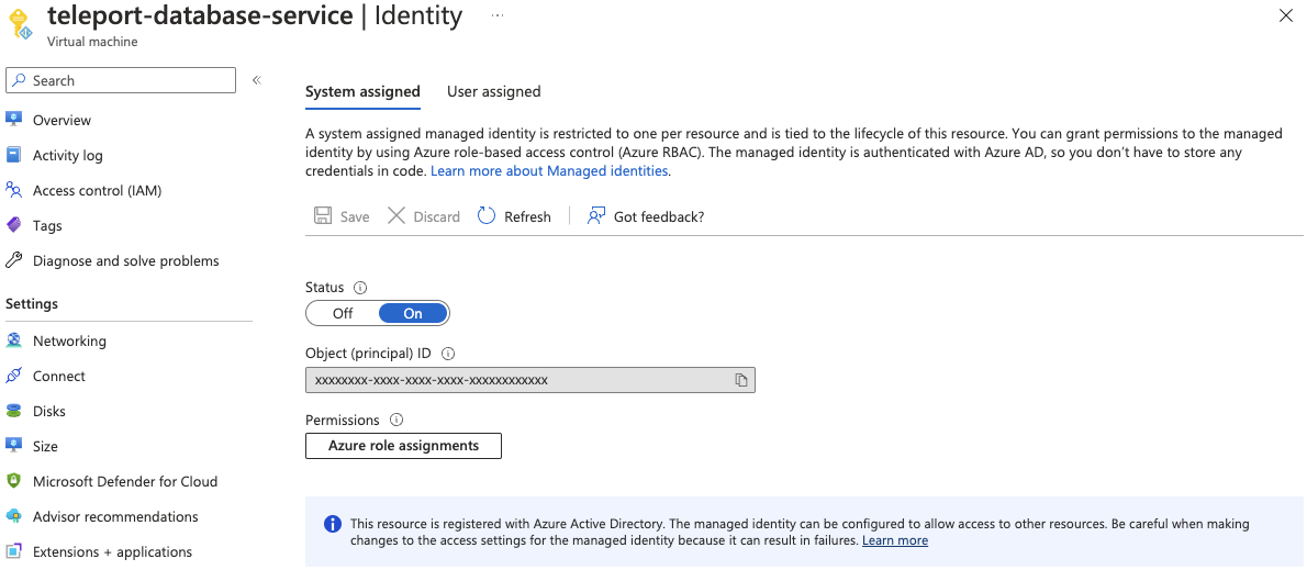 System assigned identity page