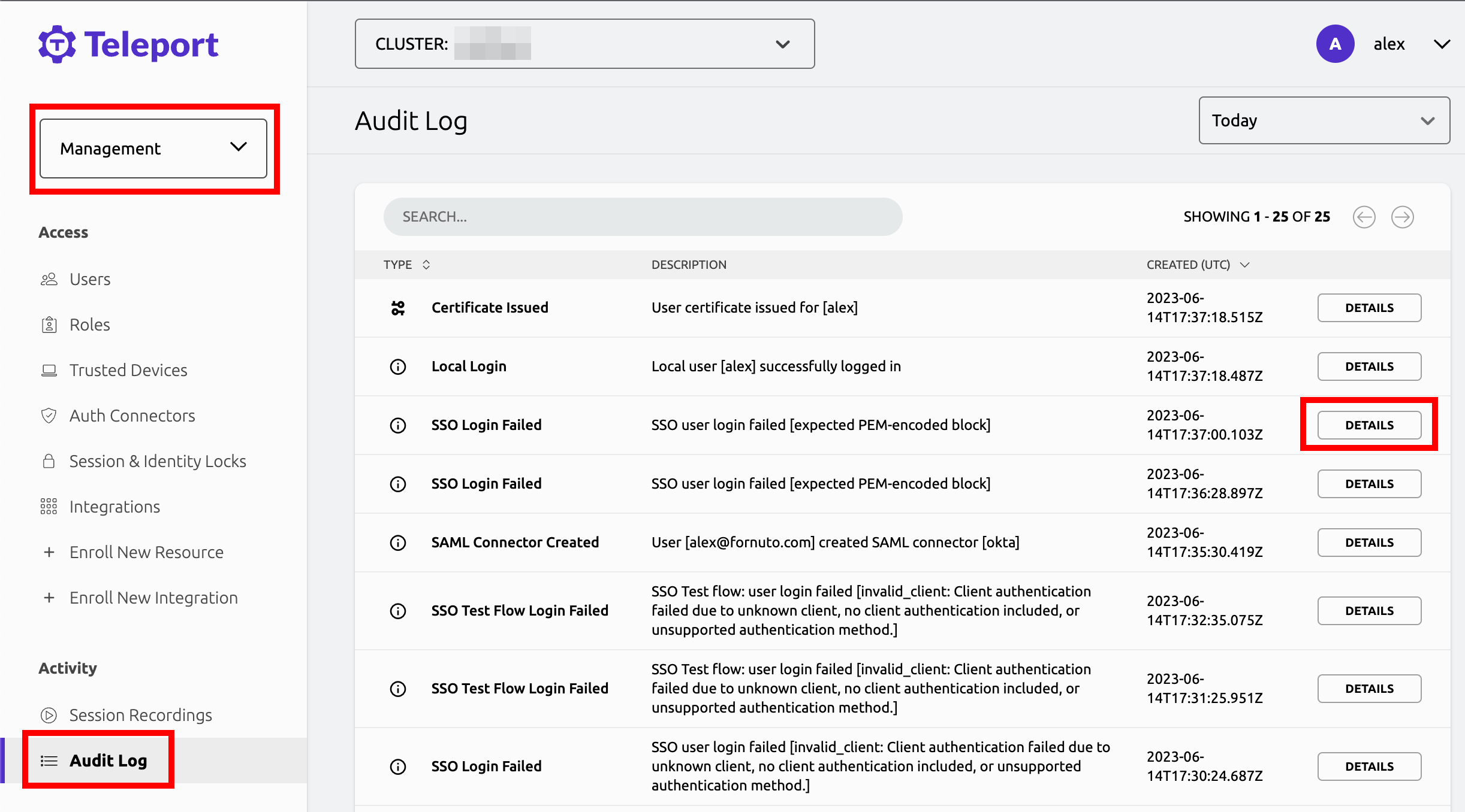 Audit Log Entry for SSO Login error