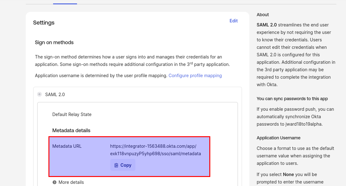 Okta copy metadata URL