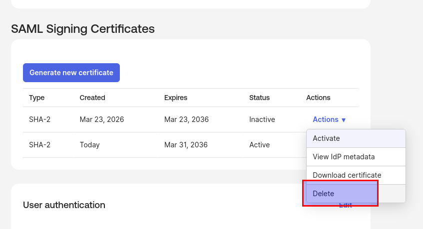 Okta delete certificate