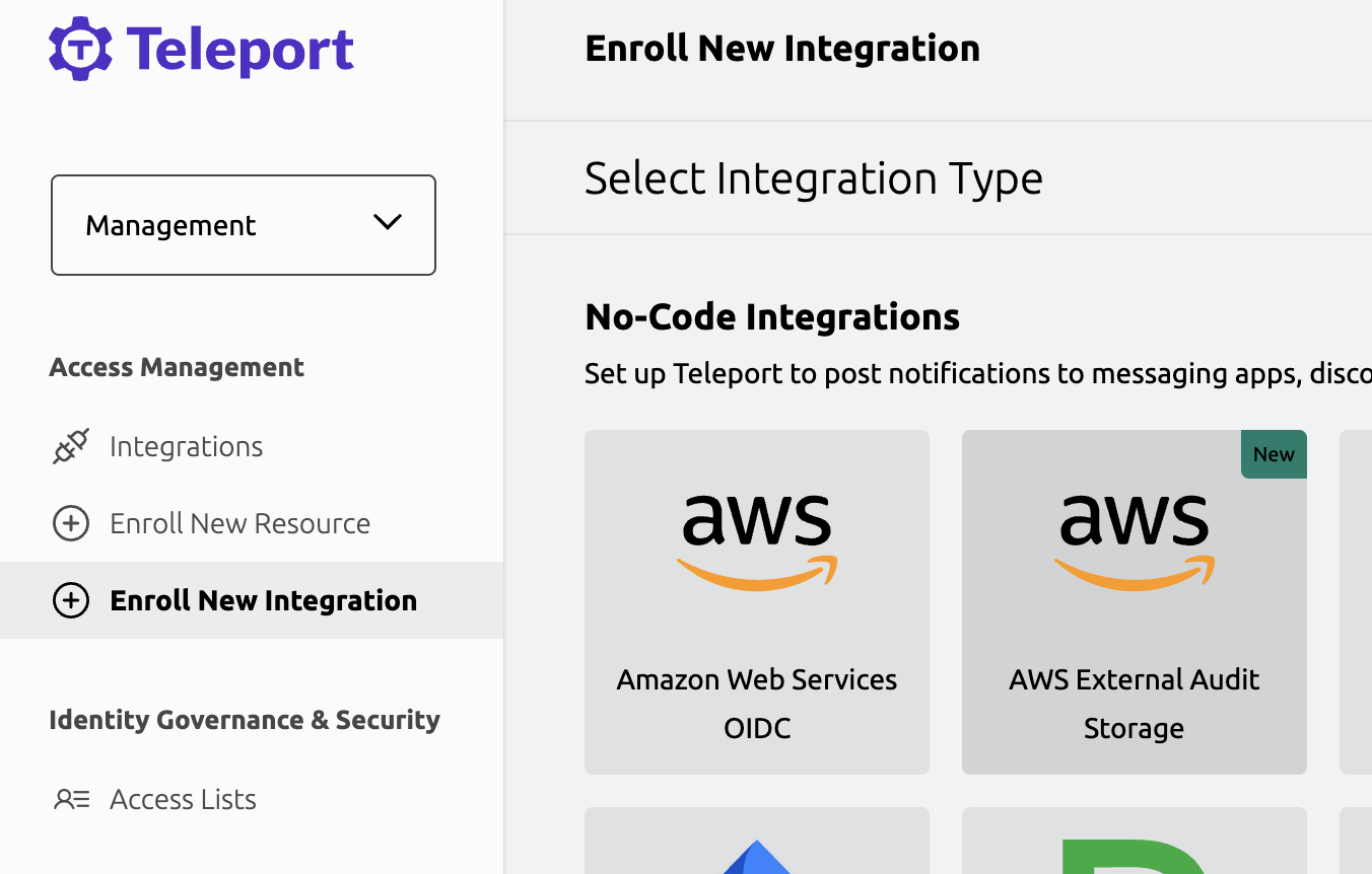 Screenshot of External Audit Storage integration tile